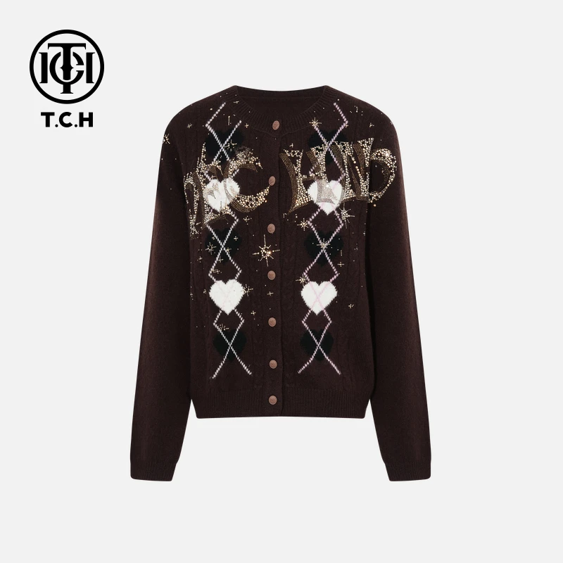 下架款绵羊毛）秋冬烫钻时尚咖色针织开衫T75D43E1011轻奢tch