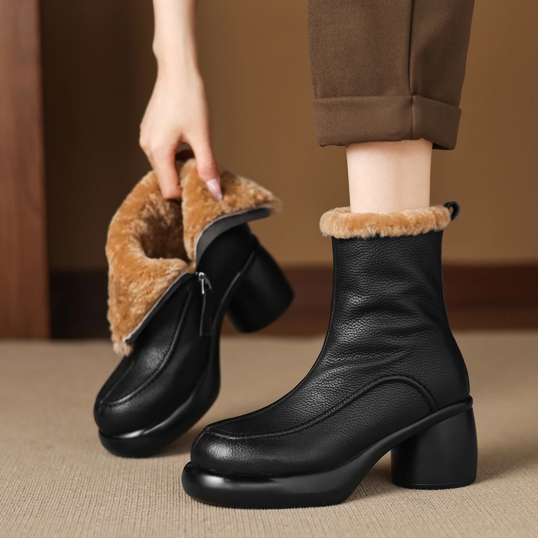 小个子手工女鞋7cm~高跟牛皮羊羔毛雪地靴2025冬季防水台粗跟短靴
