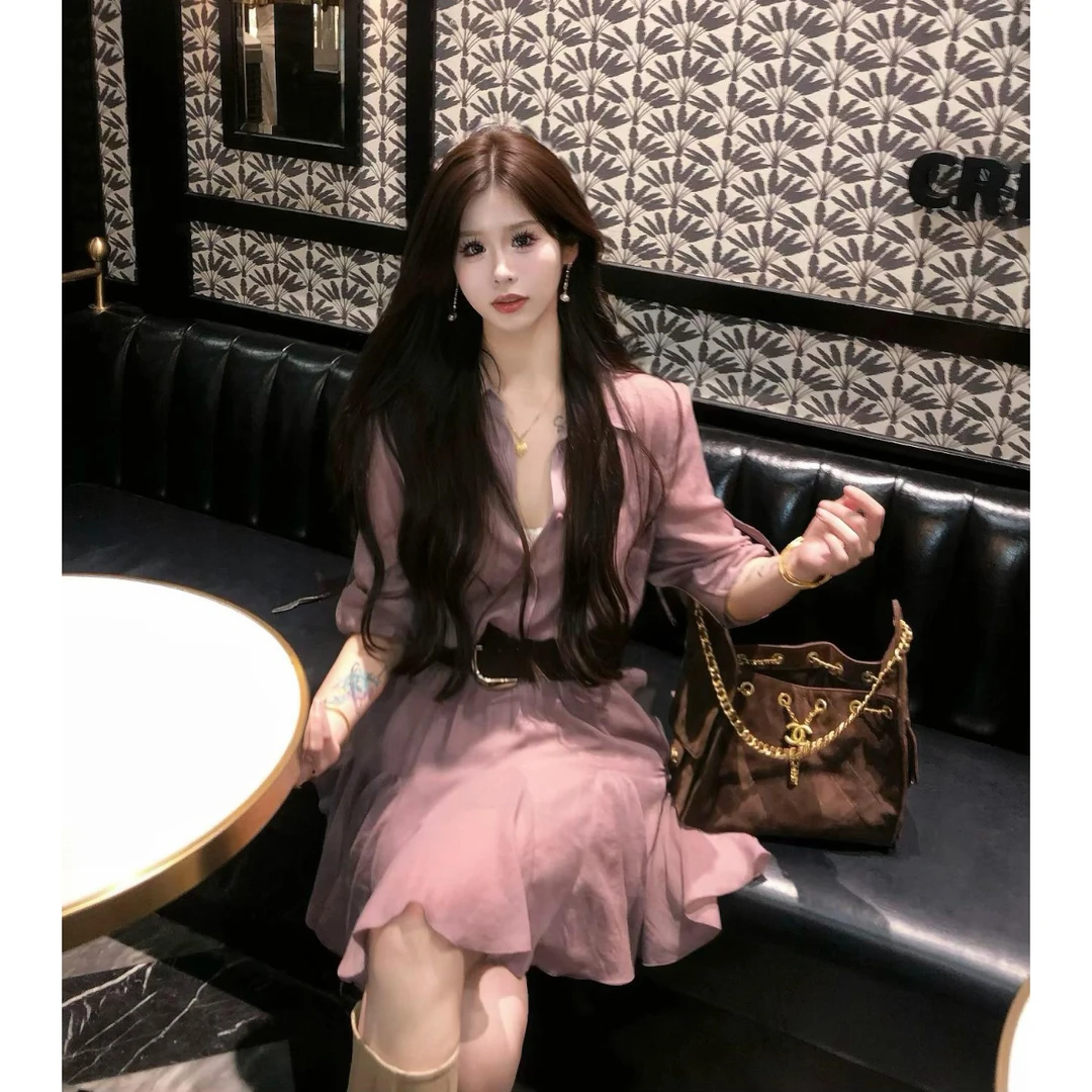 李潇洒【葡萄冻】微胖大码慵懒风收腰翻领衬衫连衣裙秋复古百褶短裙