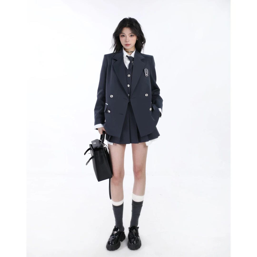 清！外套【白茶如梦】小众设计宽版显瘦双排扣袖口撞色拼接女外套