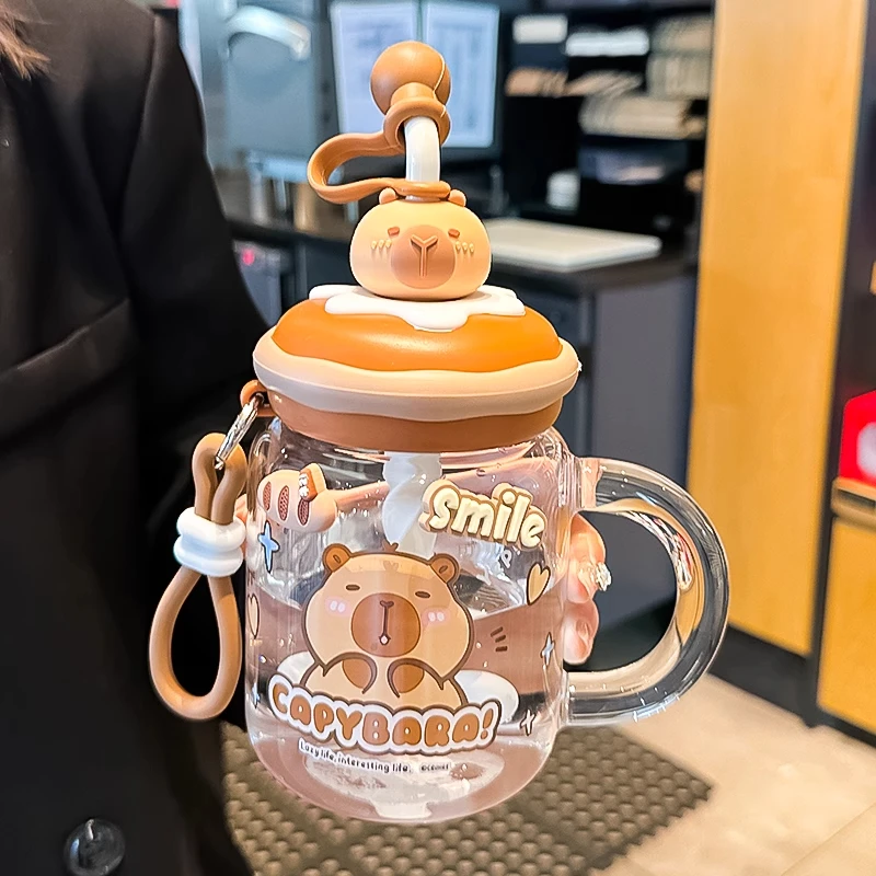 卡皮巴拉水杯女新款2025高颜值玻璃杯可爱杯子家用果汁吸管搅拌杯