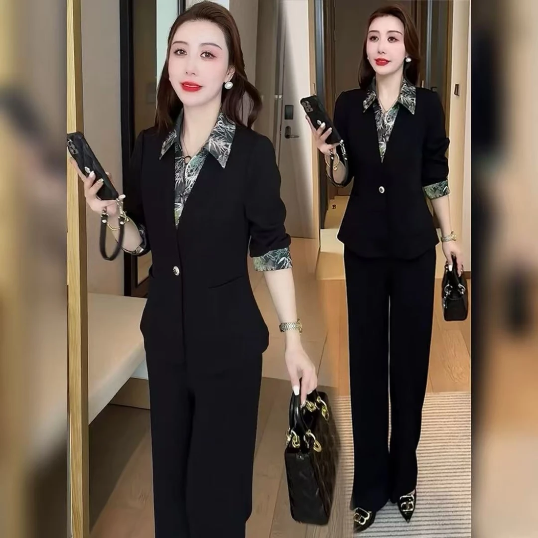 假两件时尚套装女春秋新款印花polo领长袖西装外套气质穿搭一整套