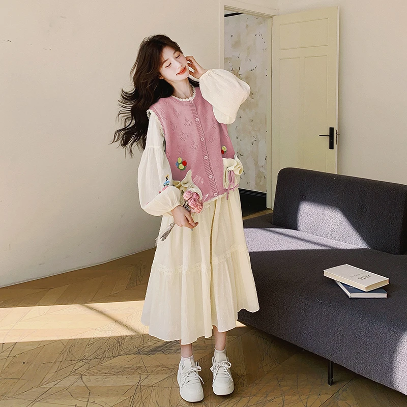 粉色针织马甲连衣裙套装女春秋叠穿两件套学院风森系减龄温柔风