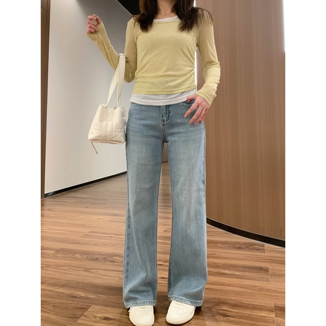 YO定制小个子百搭简约微弹微窄版浅蓝色喇叭裤春夏显瘦遮肉牛仔裤