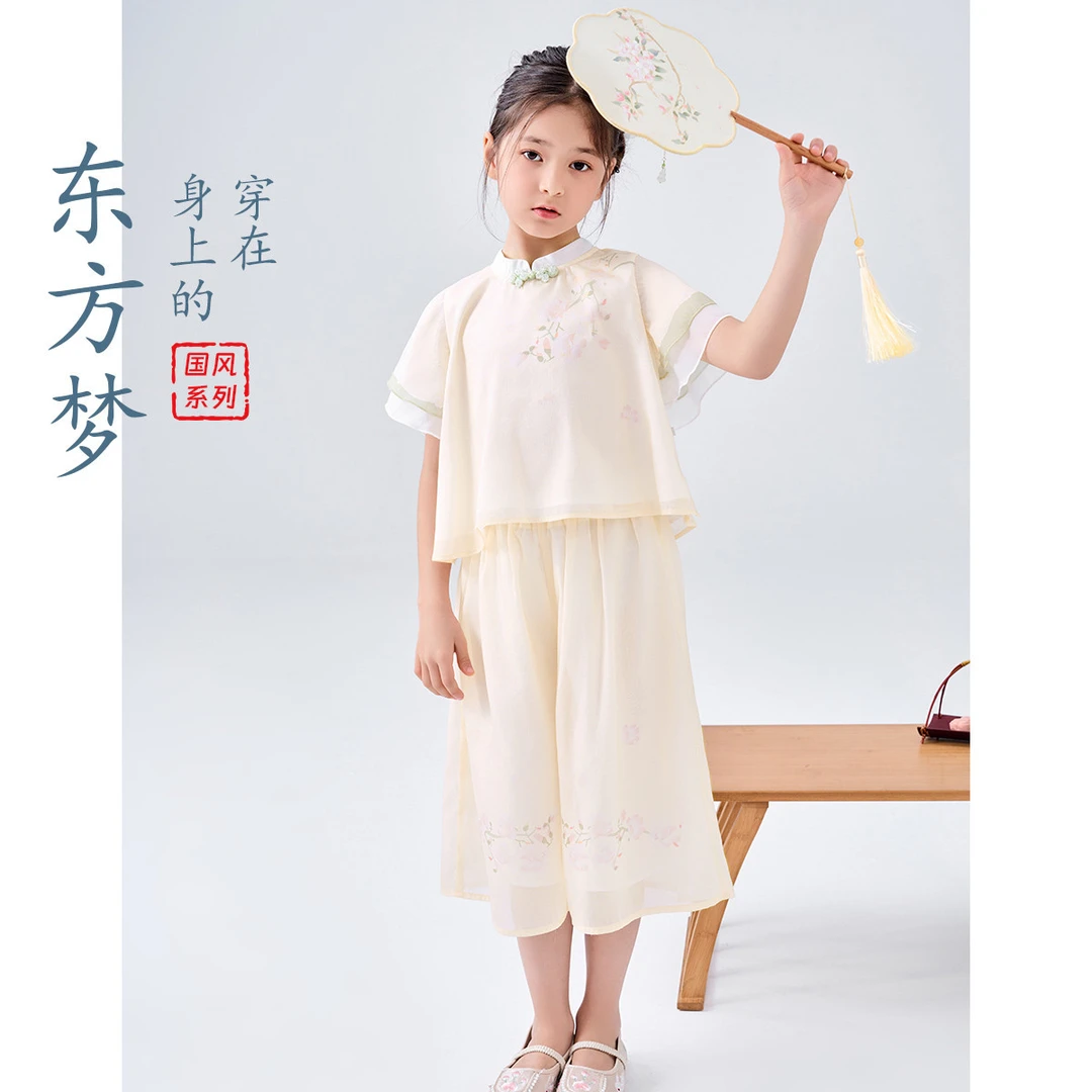 梦特娇女童国风汉服套装25年儿童新中式超仙轻薄网纱两件套A41