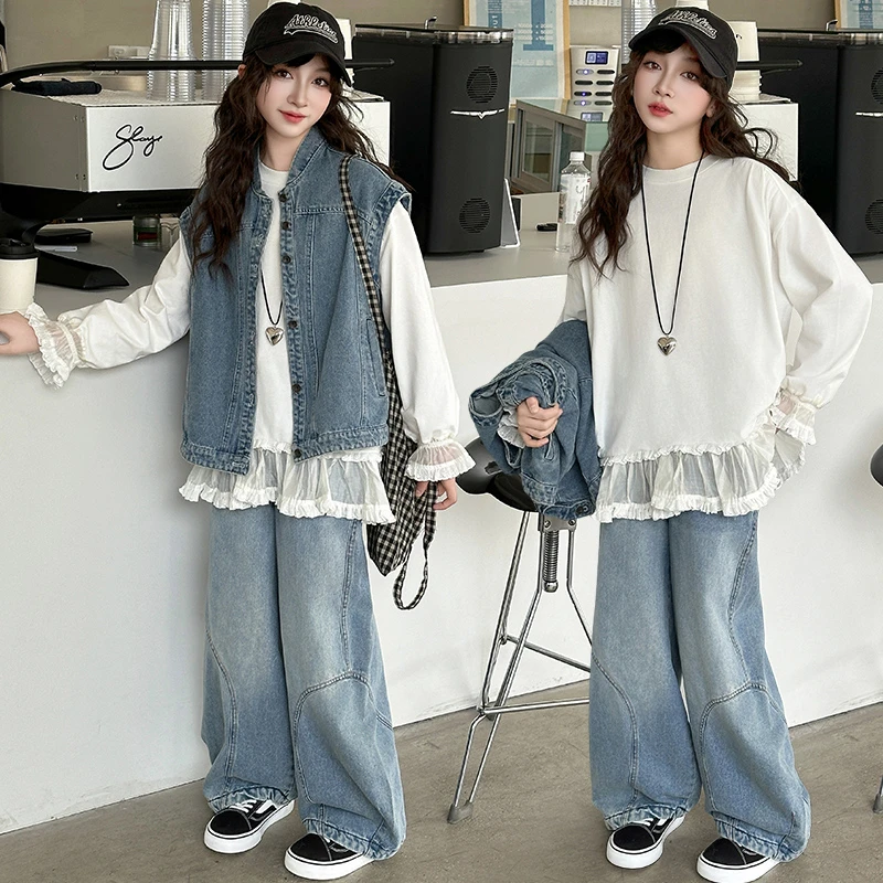 女童春装三件套中大童洋气女孩休闲时尚牛仔套装儿童马甲阔腿裤