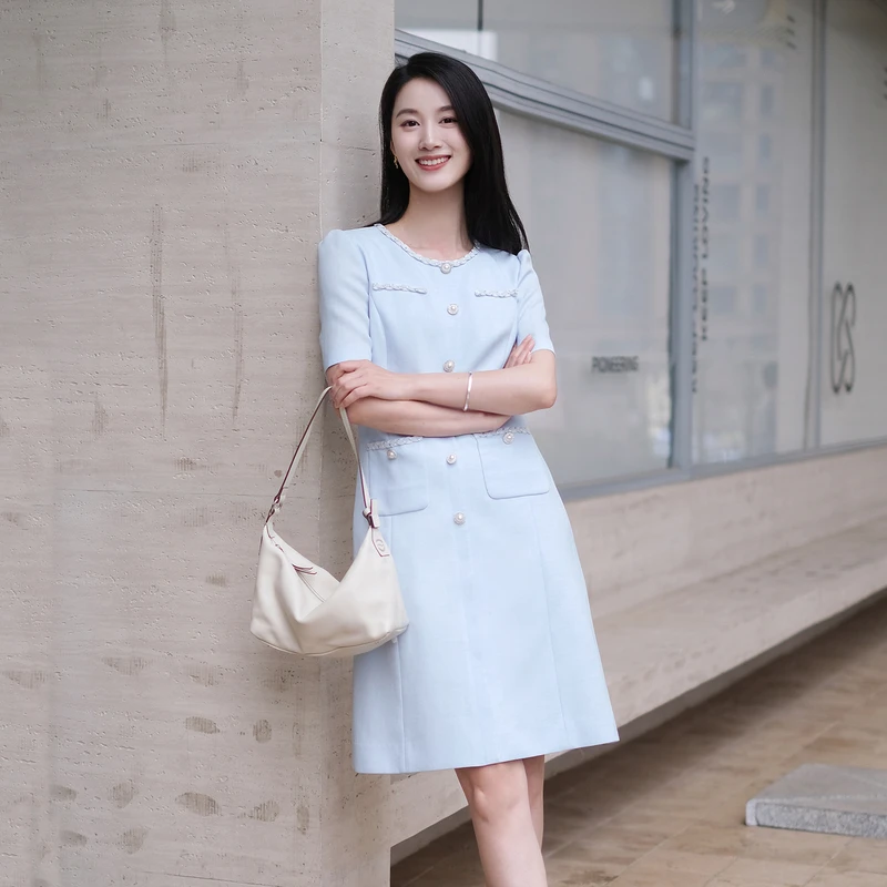 LIME/莱茵【海盐初夏】夏季香风柔和千金感连衣裙水蓝LDGB3AWOP820