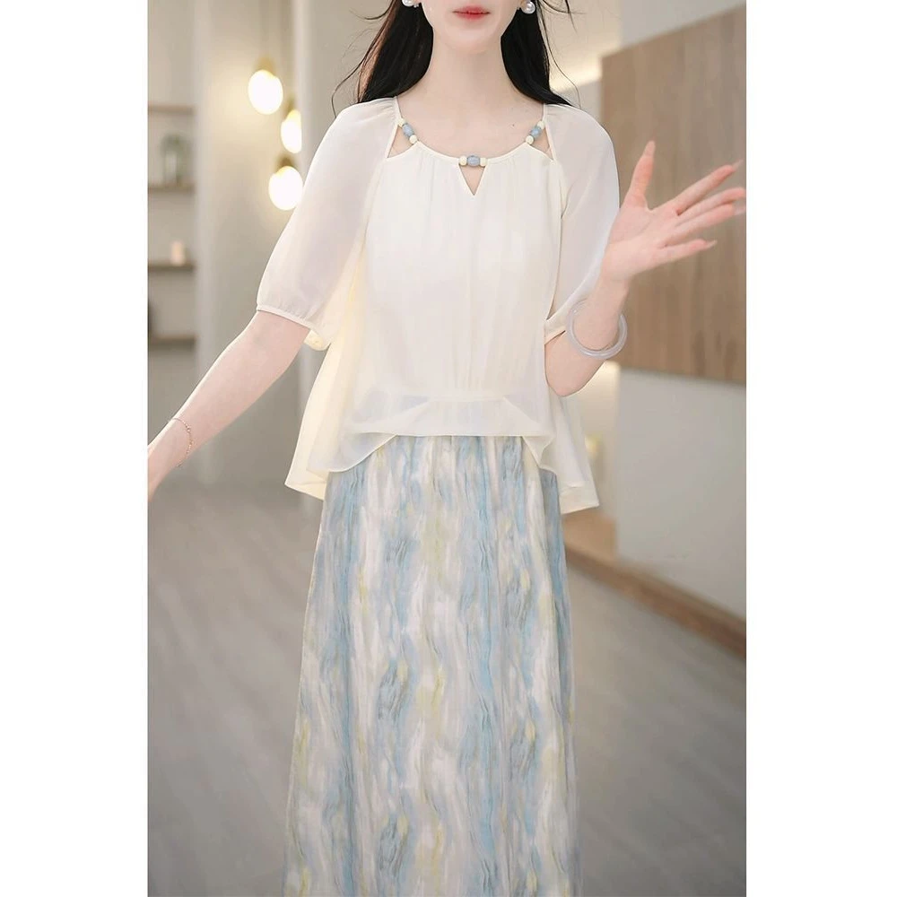 高档秋季新款芙蓉丝中袖假俩件连衣裙女洋气减龄遮肉显瘦休闲裙子