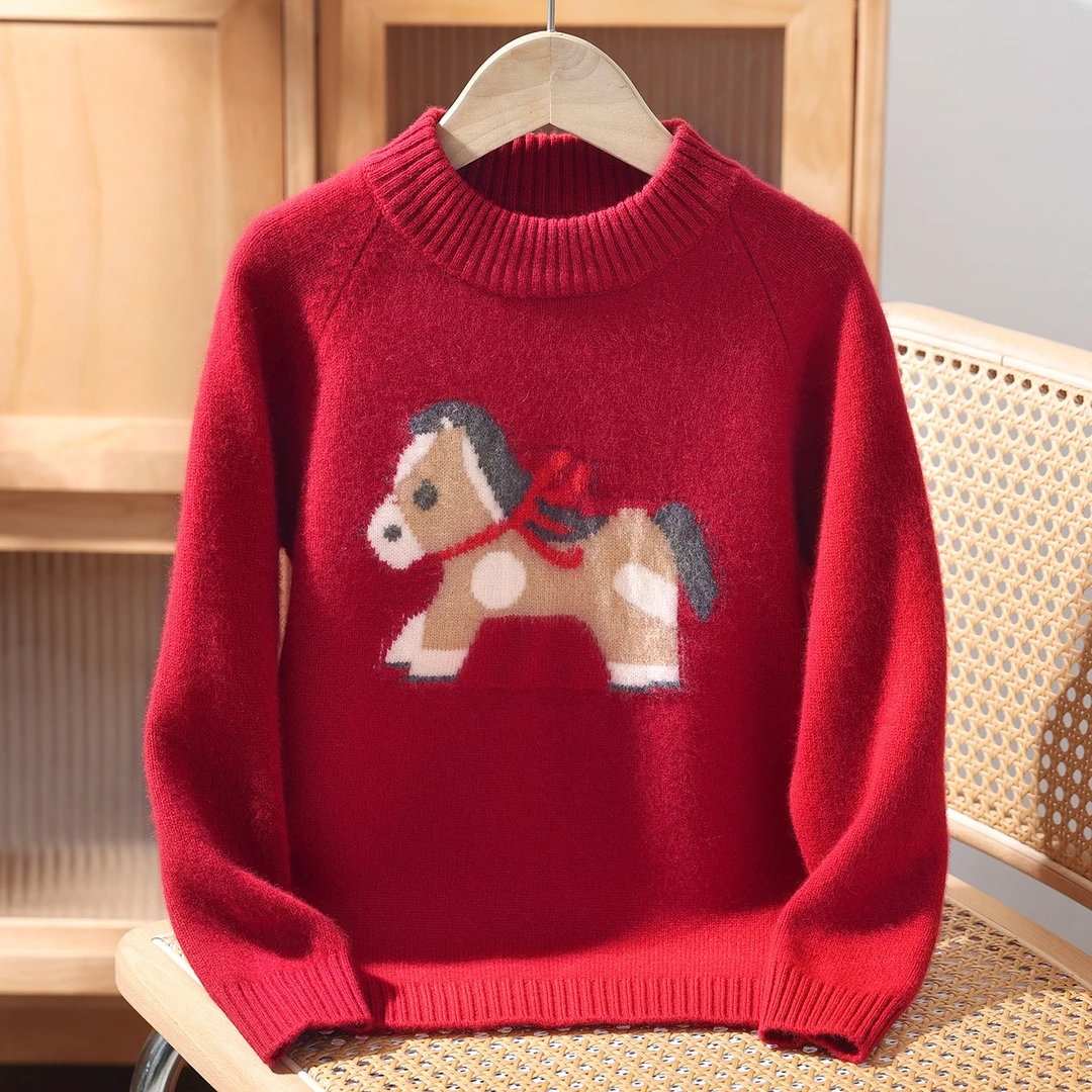 【年服系列】儿童新年幸运马红色本命年半高领加厚100%纯羊毛衫毛衣
