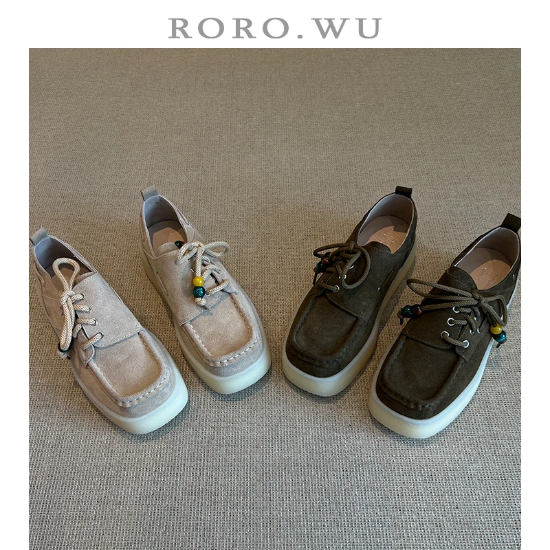 娆娆吴·牛翻皮方头珠串系带厚底小个子增高新款百搭日常单鞋A79