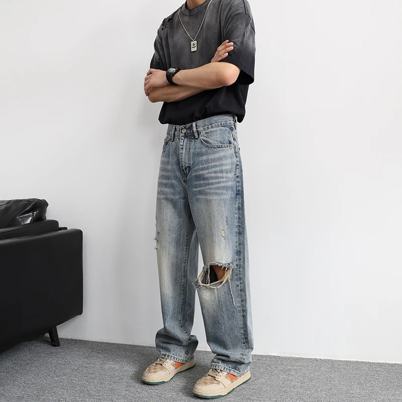 秋季浅蓝色男士破洞牛仔裤街头复古膝盖大破洞宽松直筒阔腿长裤男