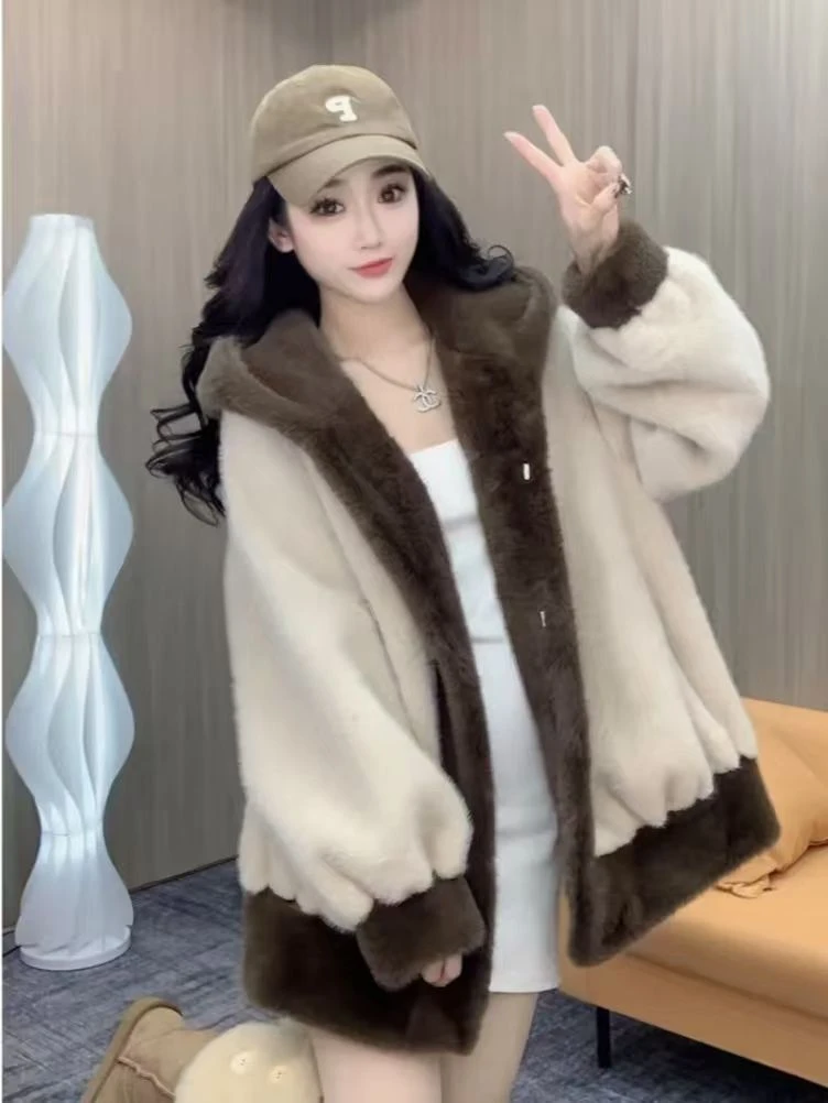 人造皮草 慵懒外套冬季连帽大衣新款韩版宽松加厚仿皮草毛毛防寒