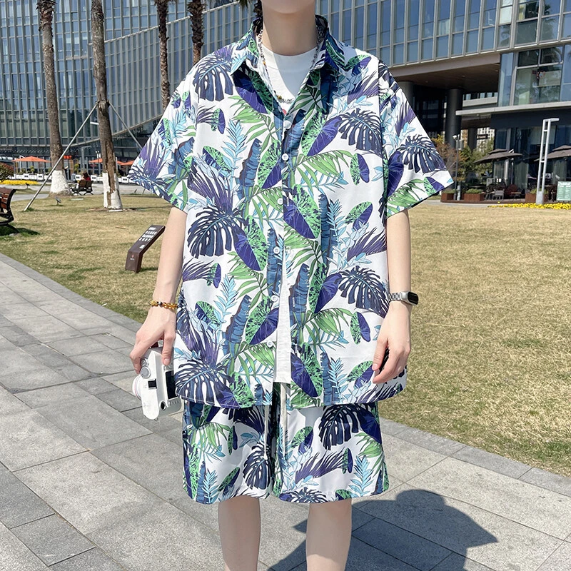 夏季海边短袖衬衫套装男潮流夏威夷花色沙滩休闲衬衣短裤两件套