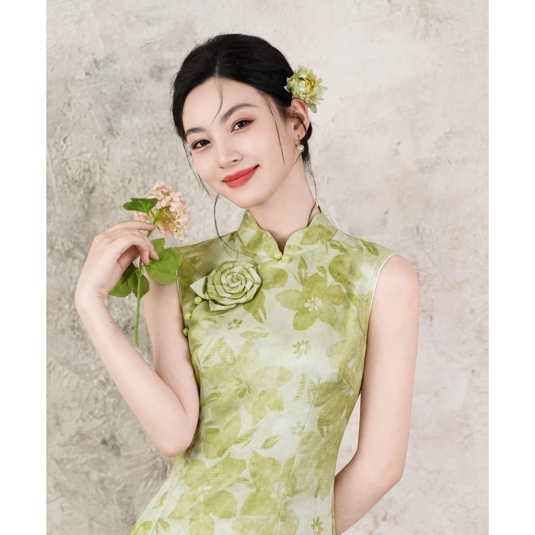 《青柠》新中式绿色旗袍女中国风高级感气质改良日常走秀演出5751