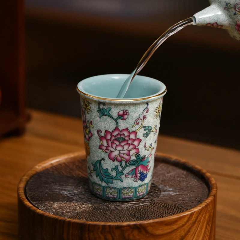 成艺珐琅莲韵可乐杯水杯茶杯高端茶具珐琅彩复古新中式高温瓷送礼