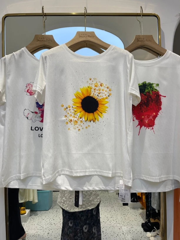 植物花卉透气印花短袖圆领T恤针织套装多巴胺穿搭