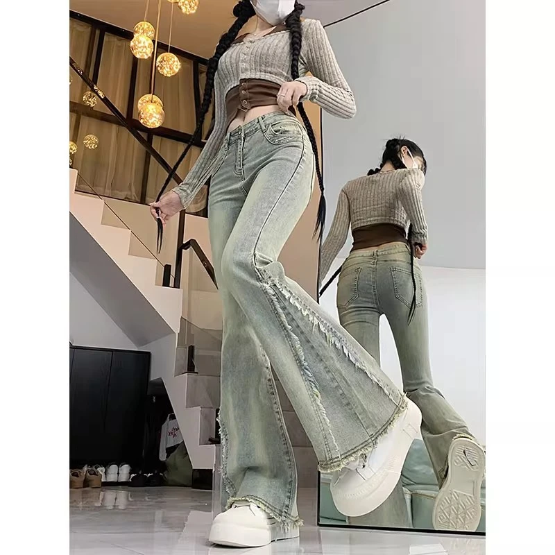 高腰辣妹设计长喇叭牛仔裤女新品美式春秋季裤子感微马蹄毛边
