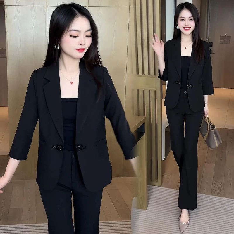 时尚西装套装女2025年春夏新款宽松显瘦翻领别扣七分袖开衫两件套