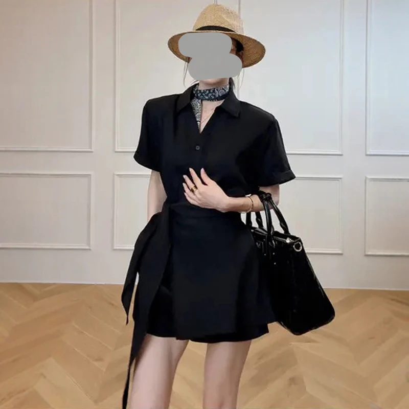 时尚绑带收腰显瘦衬衫连衣裙高腰短裤两件套女夏季气质休闲两件套