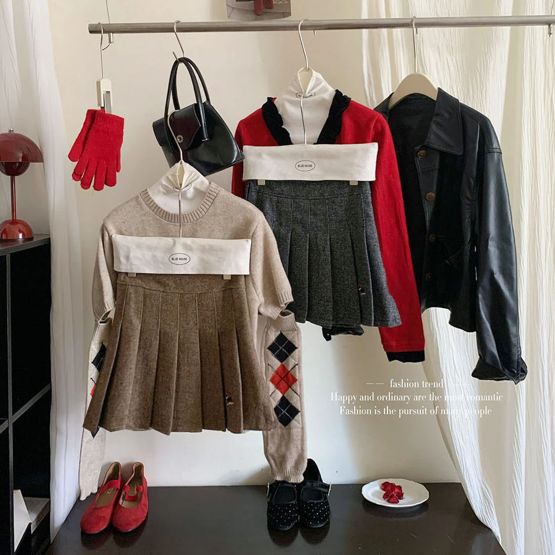 美式学院风编织毛呢料开叉刺绣百褶短裙女冬复古防走光A字半身裙