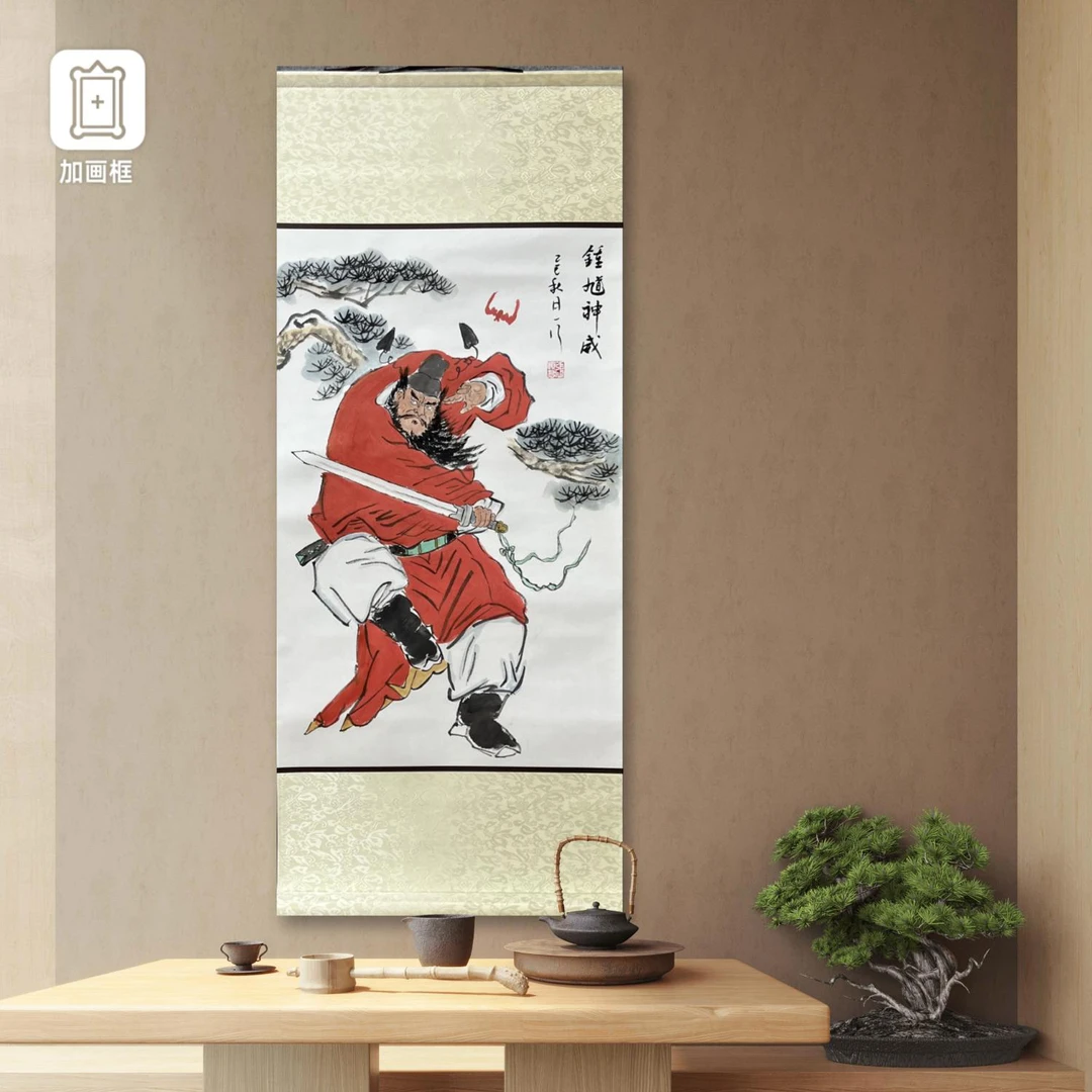 钟馗神威（持剑），卷轴105*45厘米纯朱砂手绘茶室客厅玄关挂画