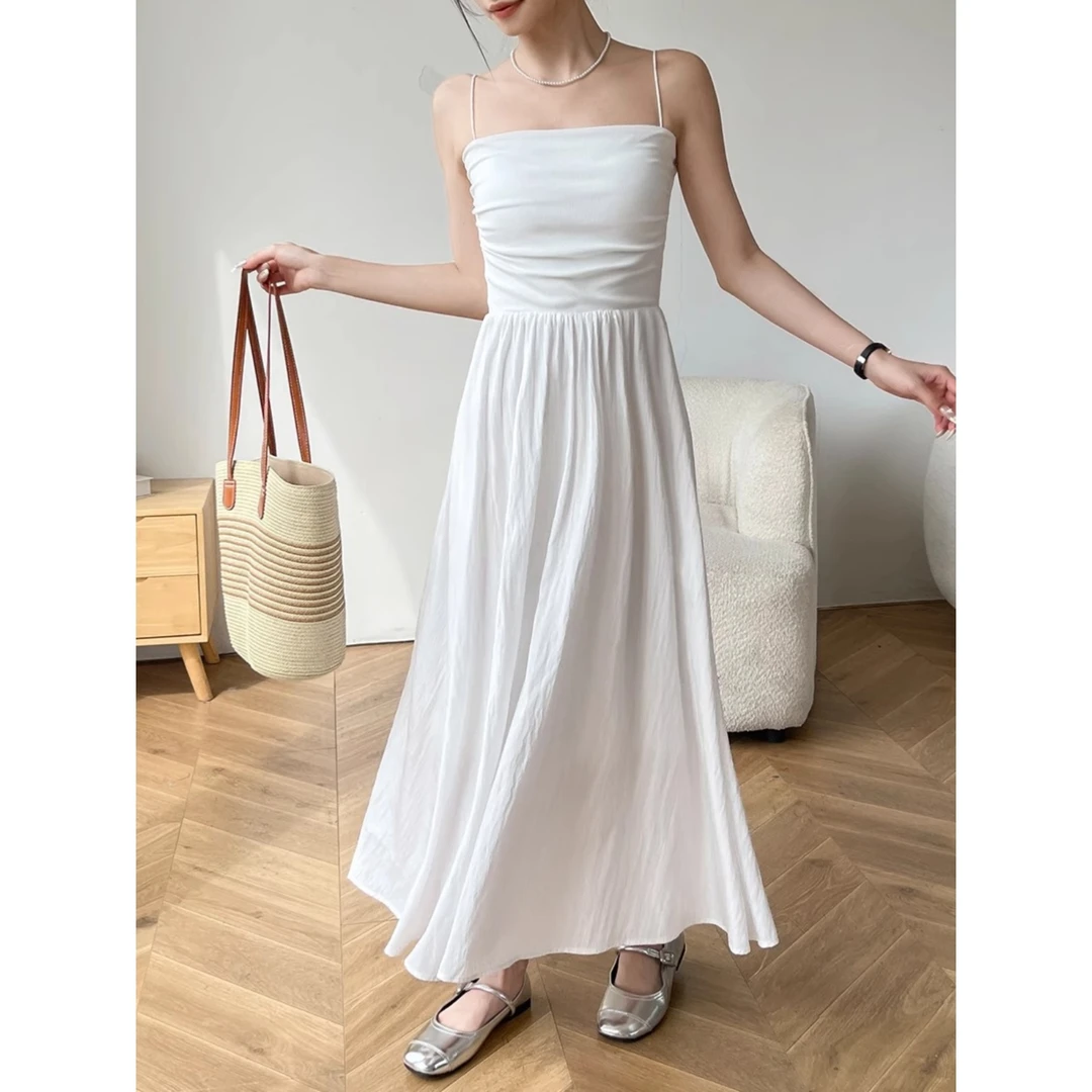 法式白色吊带连衣裙女夏季2025年新款小个子气质显瘦a字无袖长裙