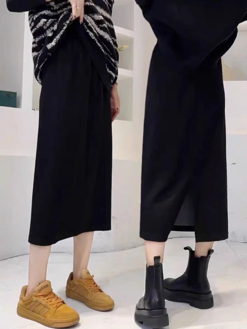 胖mm黑色宽松半身裙女大码高腰A字垂感显瘦中长款直筒裙