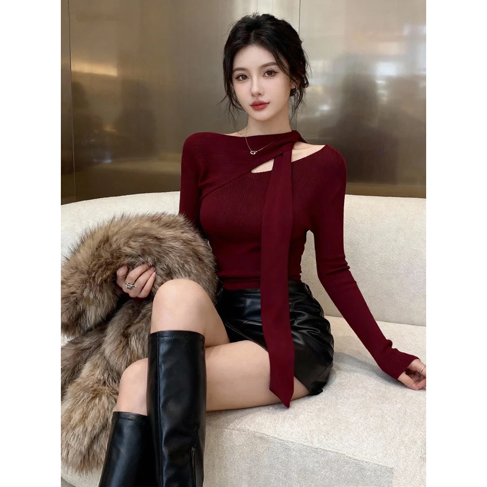 网红时尚炸街新款女装红色打底内搭针织衫秋冬季新款洋气通勒上衣