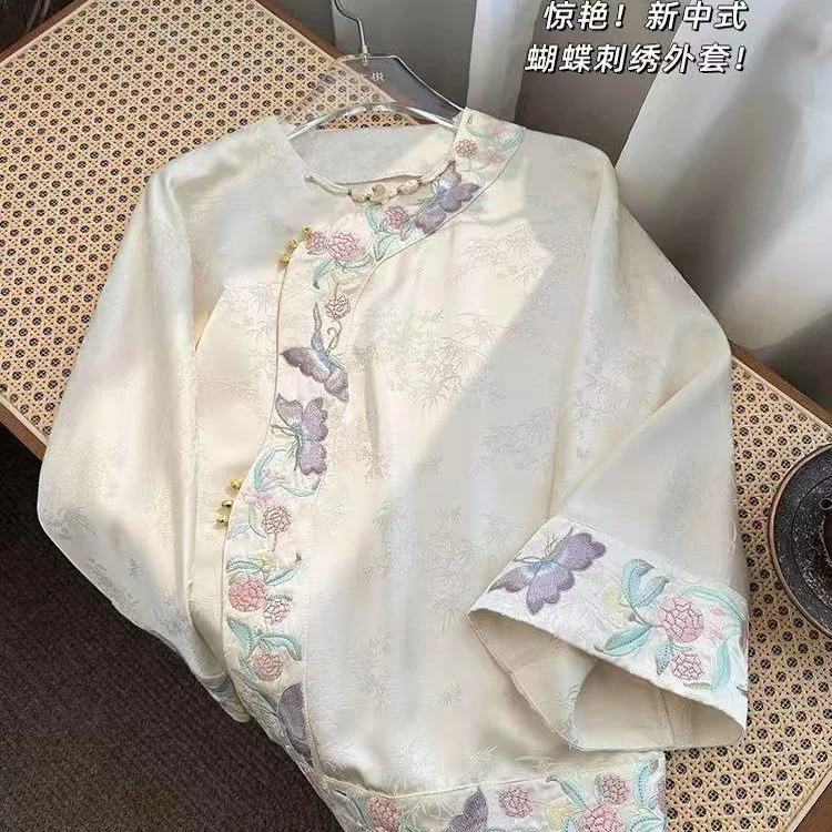2025年新中式国风刺绣边斜襟格格款外套女重工提花上衣355