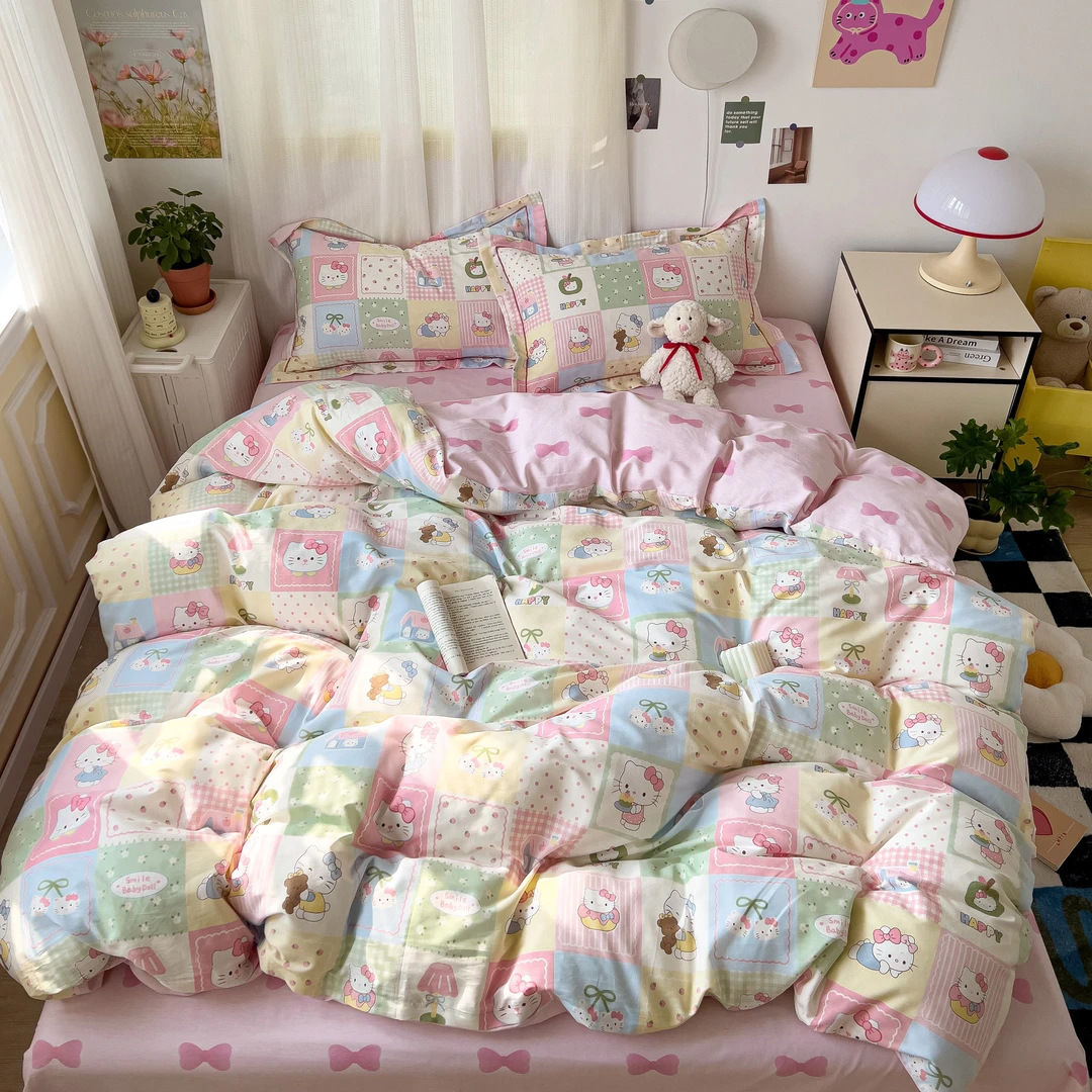 美玲 甜心猫全棉印花三件套四件套网红小清新风女孩可爱少女心
