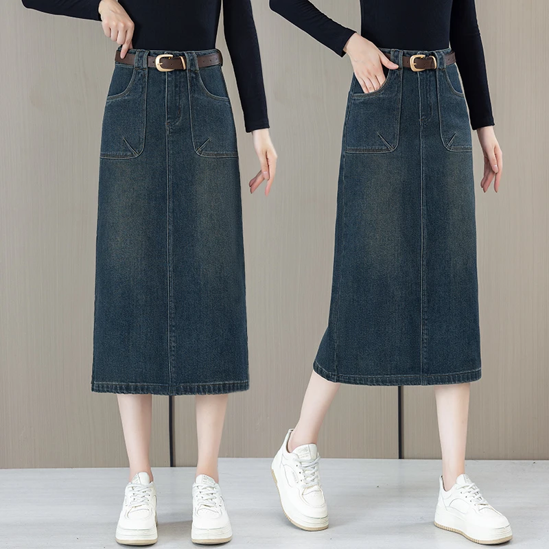 高质量牛仔半身裙女2025新款春秋季复古蓝色中长款后开叉长裙子棉