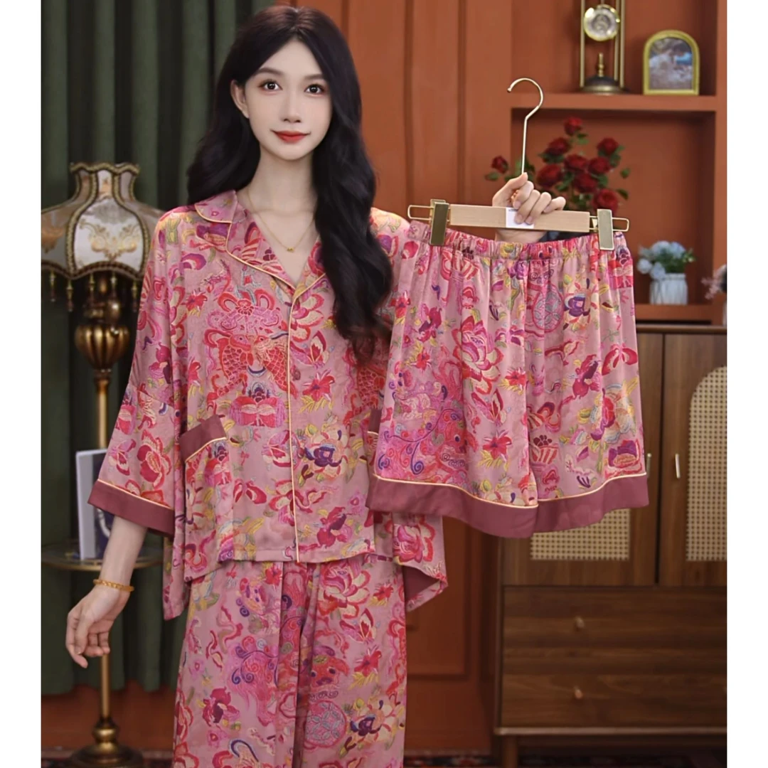 琪琪家【年年有余】舒适睡衣女士套装可外穿家居服七分袖三件套BQQ