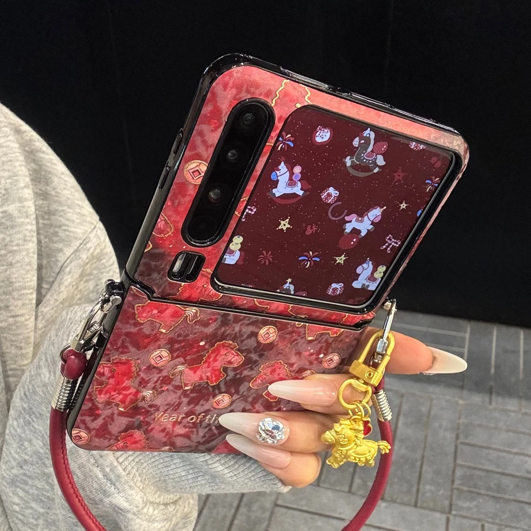 适用华为purax典藏版手机壳红橙皮质pocket2烫金铜钱小马挂件手绳