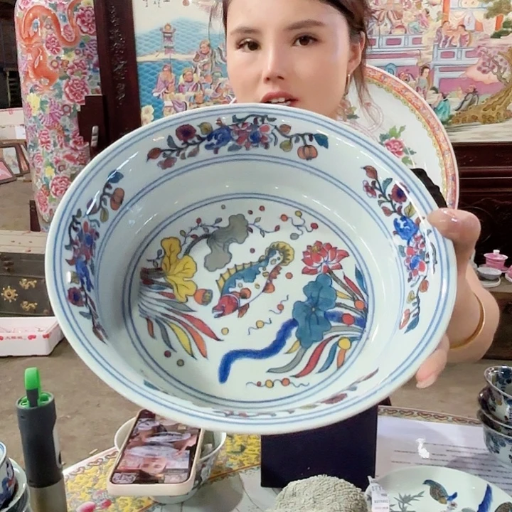 摆件景德镇高温陶瓷绿希鱼藻纹