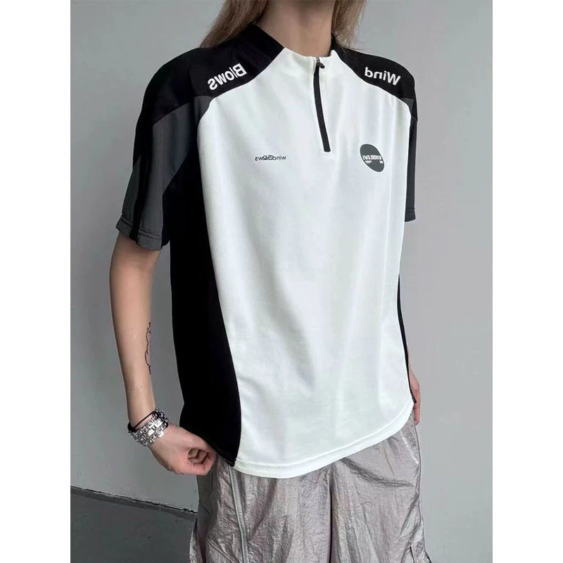 撞色拼接美式球衣风半拉链短袖男款夏季户外骑行健身运动正肩t恤