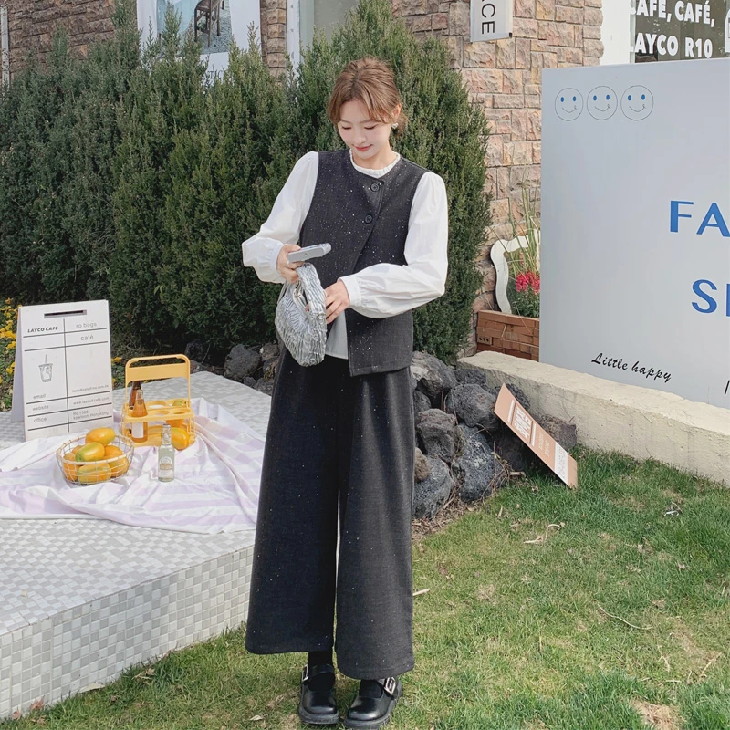 慵懒风显瘦套装裤女2025春秋新款韩系松弛感马甲衬衫阔腿裤三件套