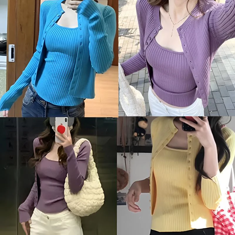 大码辣妹吊带开衫两件套女百搭小个子修身显瘦短款外套春穿搭套装