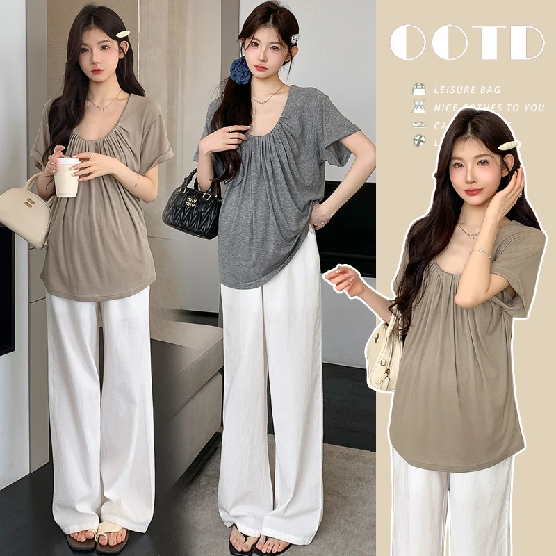 大码孕妇夏季薄款短袖T恤女慵懒风褶皱U领纯色上衣宽松显瘦200斤