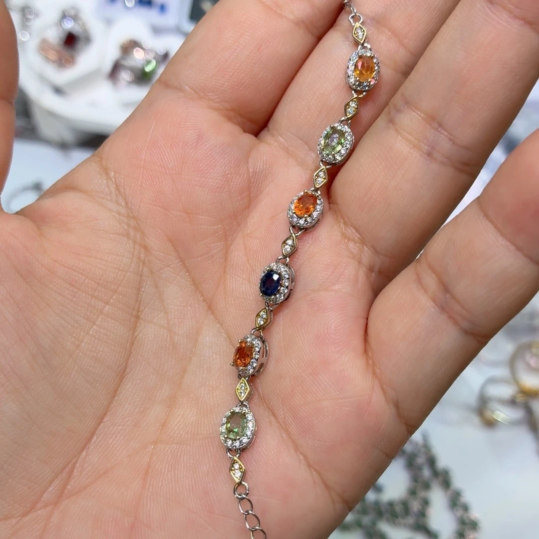 手链彩色蓝宝石银S925镶嵌