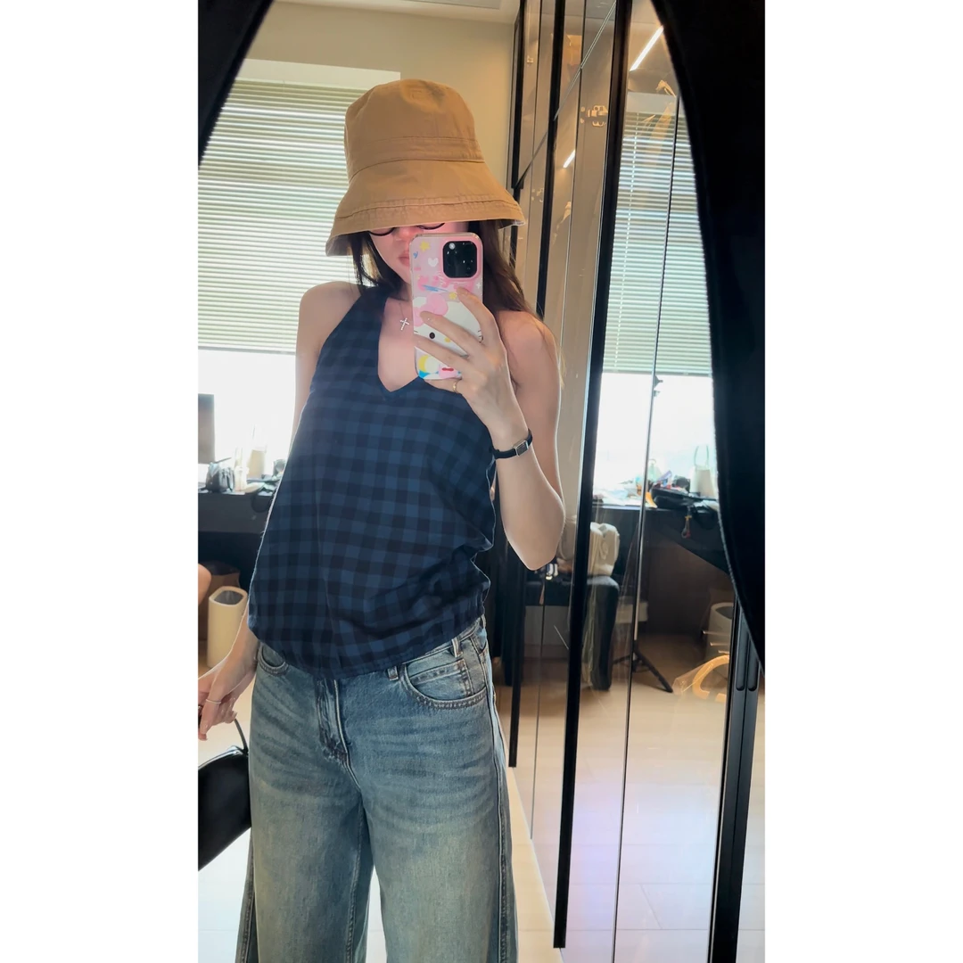 LA 格纹 系带 挂脖露背上衣 31006