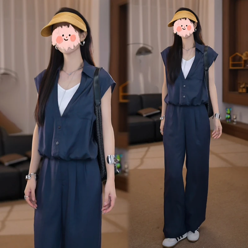 2025夏季新款慵懒松弛夏日穿搭无袖假两件上衣阔腿裤套装女两件套