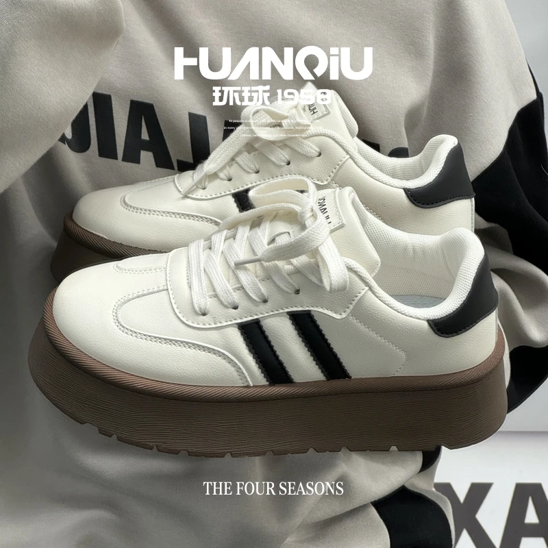 HUANQIU/环球厚底增高百搭小白鞋女2025秋季新款复古运动休闲板鞋