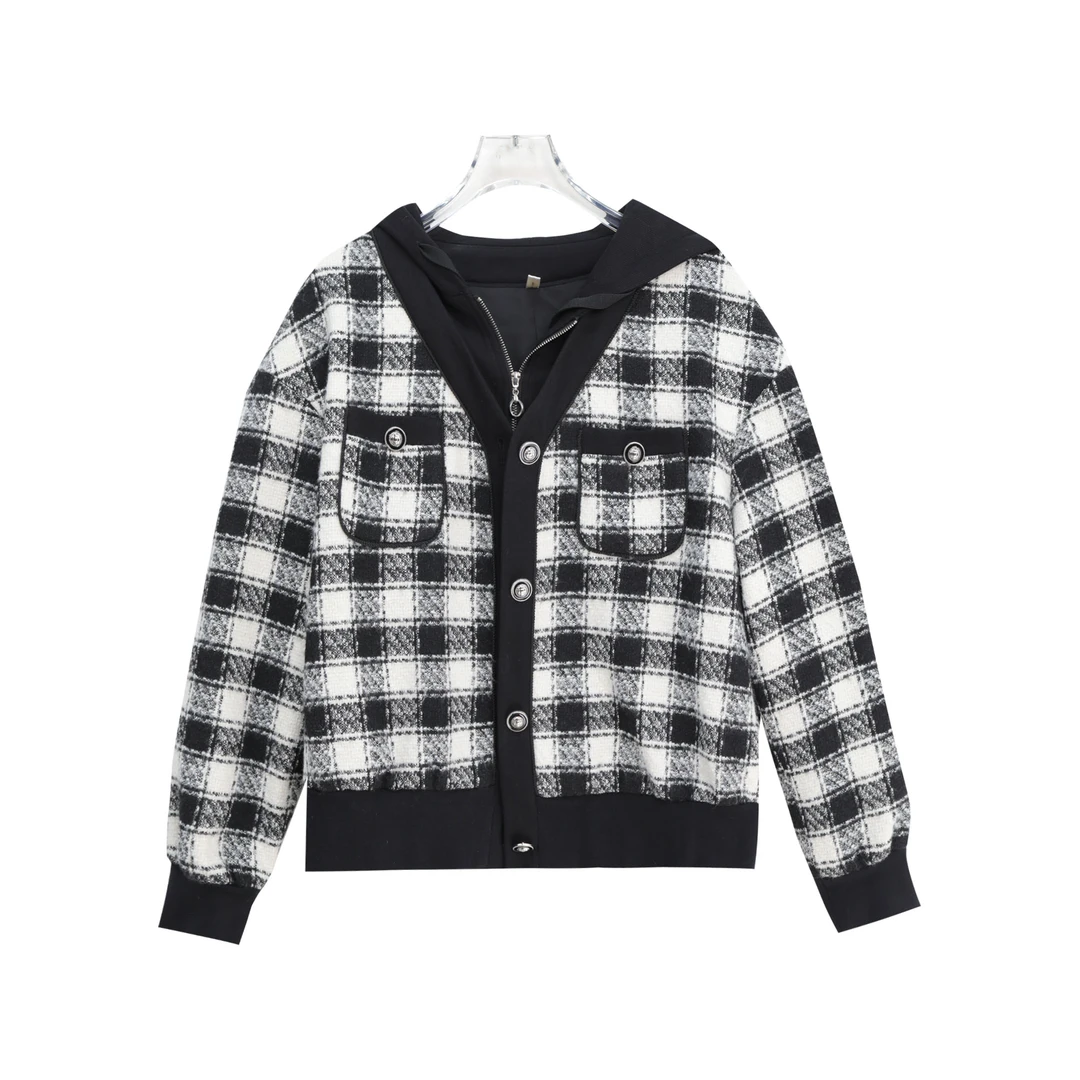 休闲编织连帽拼接假两件格纹原宿风外套S4692