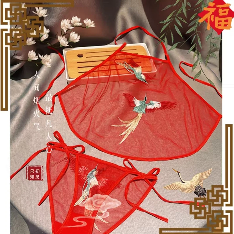 凤凰复古透明女士内裤胖MM纯欲绑带三角裤低腰性感套装