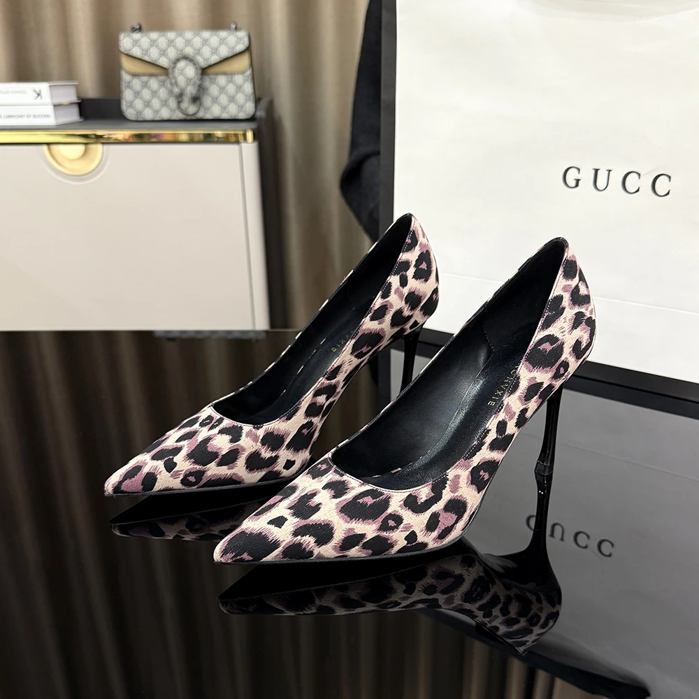 【甘师傅匠心之作】真皮细跟不累脚高跟鞋女士豹纹性感尖头法式单鞋