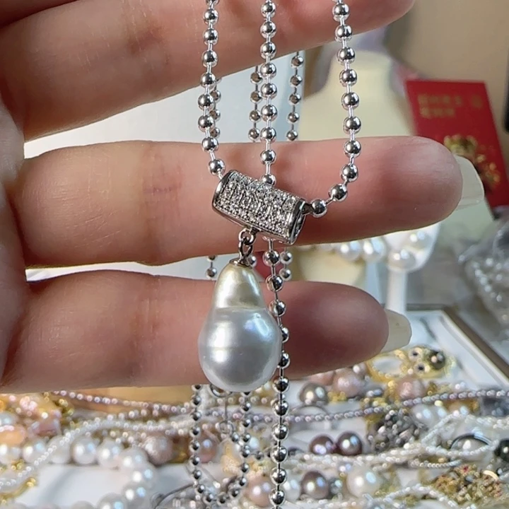 海水珍珠纵卡16左右澳白巴洛克后面有点带链子银S925镶嵌槑