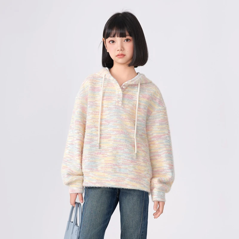 2262女童七彩色卫衣秋款大女孩2025新款百搭休闲连帽彩虹上衣