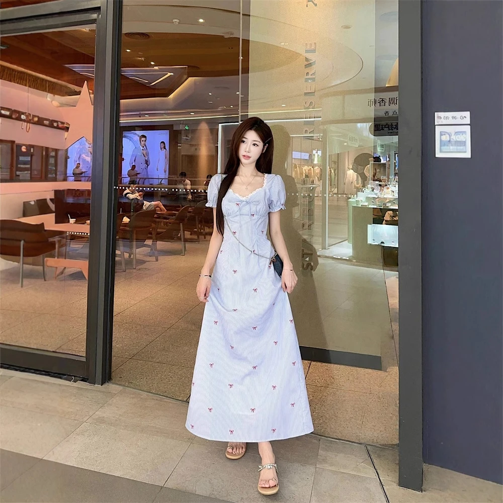 实拍~韩系小清蕾丝花边领蝴蝶结印花连衣裙女夏季短袖长裙女装