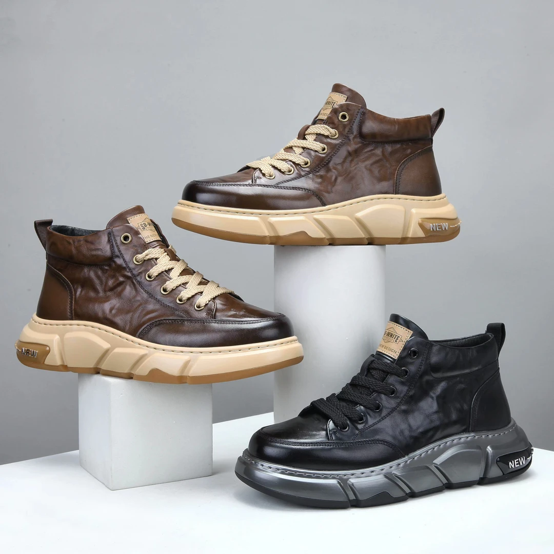 2025头层牛皮手抓纹男鞋时尚百搭潮流复古休闲鞋男皮鞋厚底加绒男