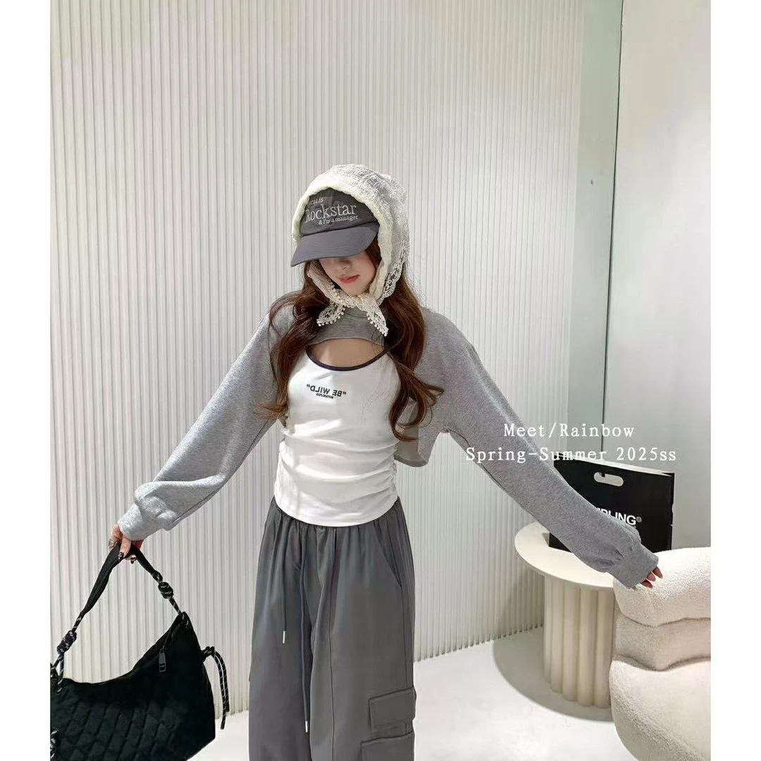 【甜甜】纯欲小众辣妹上衣短款长袖卫衣叠穿吊带背心两件套181226